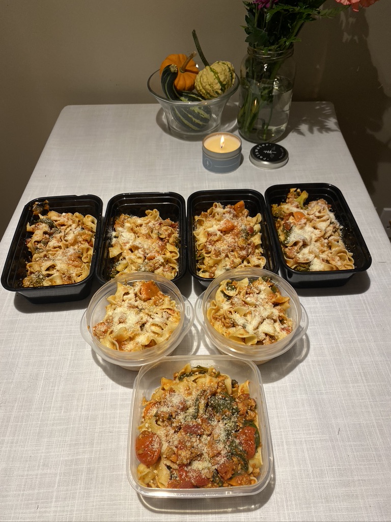 Pasta in multiple food prep containers