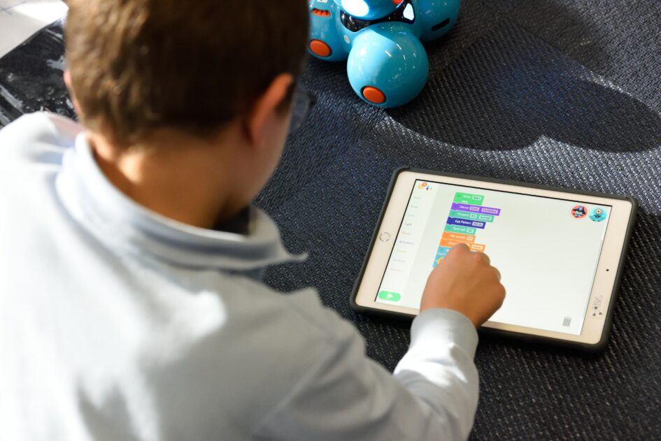 Image of the back of a childs head while they work on an iPad