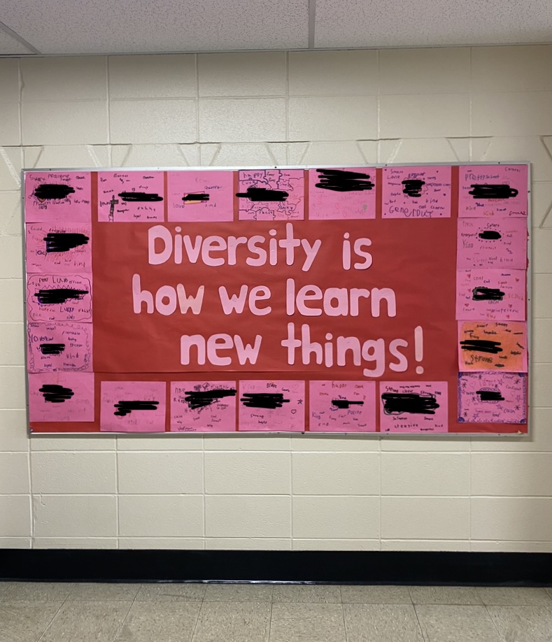 A pinboard saying 'diversity is how we learn new things' with a border of papers that have student names and positive character traits about those students on each paper