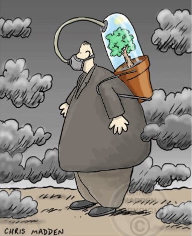 A man is wearing an oxygen tank, but instead of regular air, the tank has a small tree inside it. The world around him looks dirty and grey.