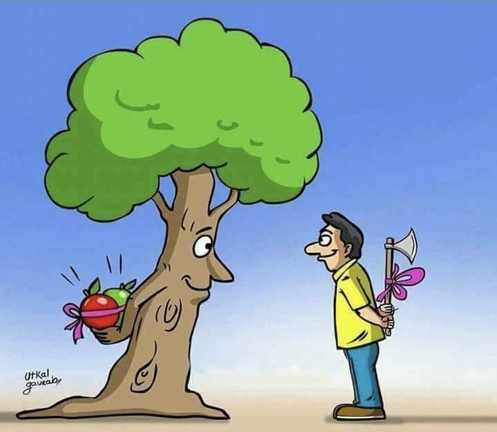 A man and a tree are smiling at each other. They are both hiding gifts from each other, but the man is hiding an axe behind his back, while the tree is hiding apples.