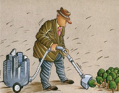 A man is vacuuming the ground, but the vacuum cleaner looks like a city made of buildings. As he vacuums, trees get sucked up.