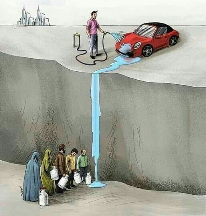 A man is washing his car. The dirty water runs down a cliff into buckets that people with limited financial resources are using to collect water.