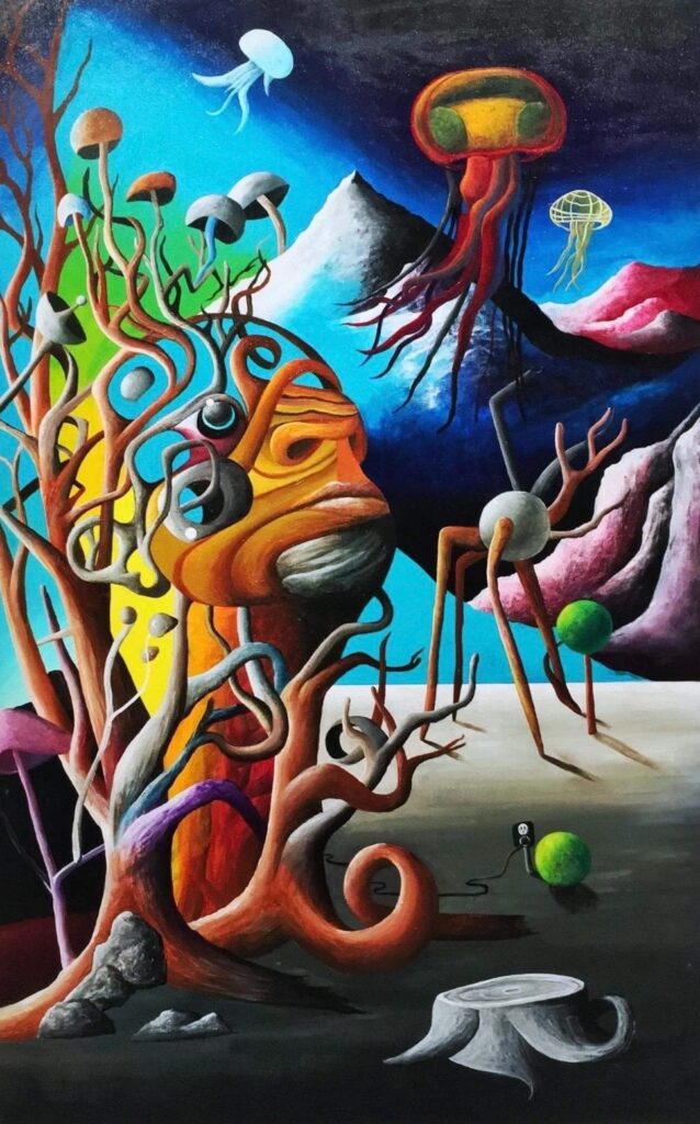 A painting on canvas. On the left side, there is a human head composed of mushrooms, tree branches, and a satellite dish. There's snowy blue and pink mountains in the background, and floating through the air, there's jellyfish. Walking on the ground to the right of the head is a giant grey ball with stick legs and branch arms. To the right of it, there is a stick coming out of the ground with a green ball on top. In front of both of them, there is another green ball on the ground and a small black plaque with a skull on it, and a chord coming out of it that attaches it to the head sculpture. In the front right of the painting, there is a grey stump. This painting is very colourful.